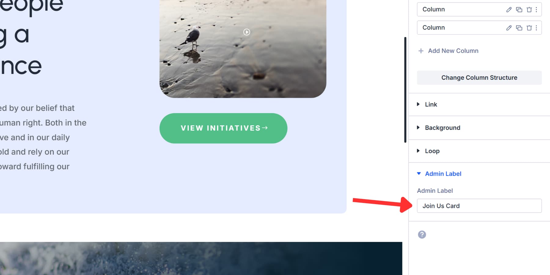 A screenshot of the where to add the admin label in Divi 5