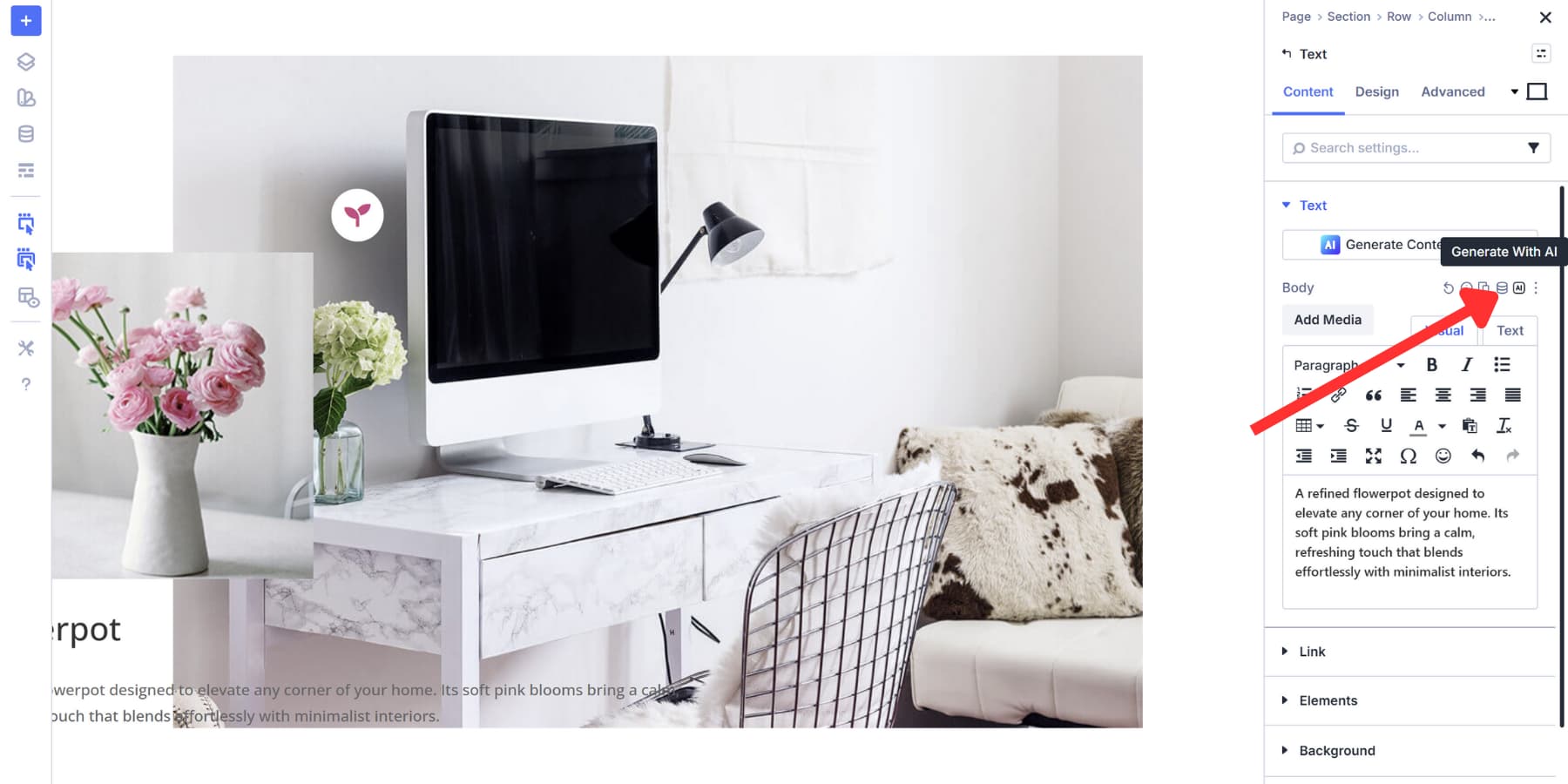 A screenshot of where to find the Divi AI icon for the text module in Divi 5