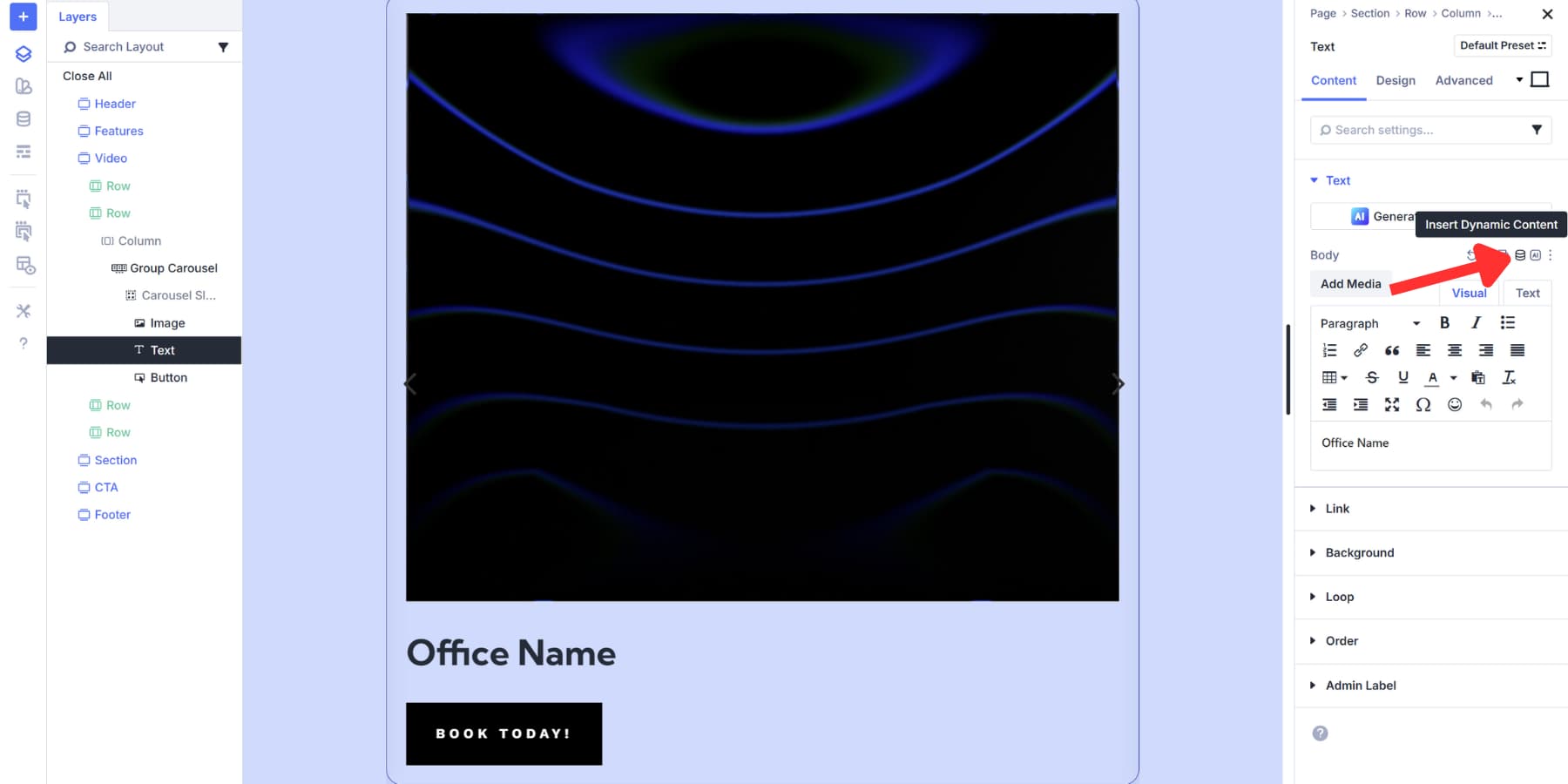 A screenshot of where to find the dynamic content in Divi 5 modules