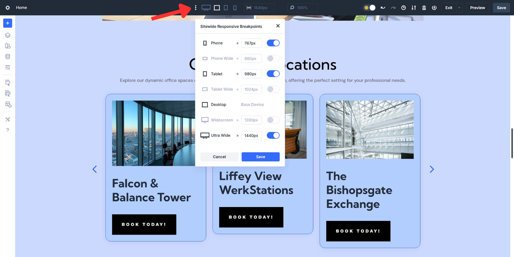 A screenshot of where to find the option to customize and enable breakpoints in Divi 5