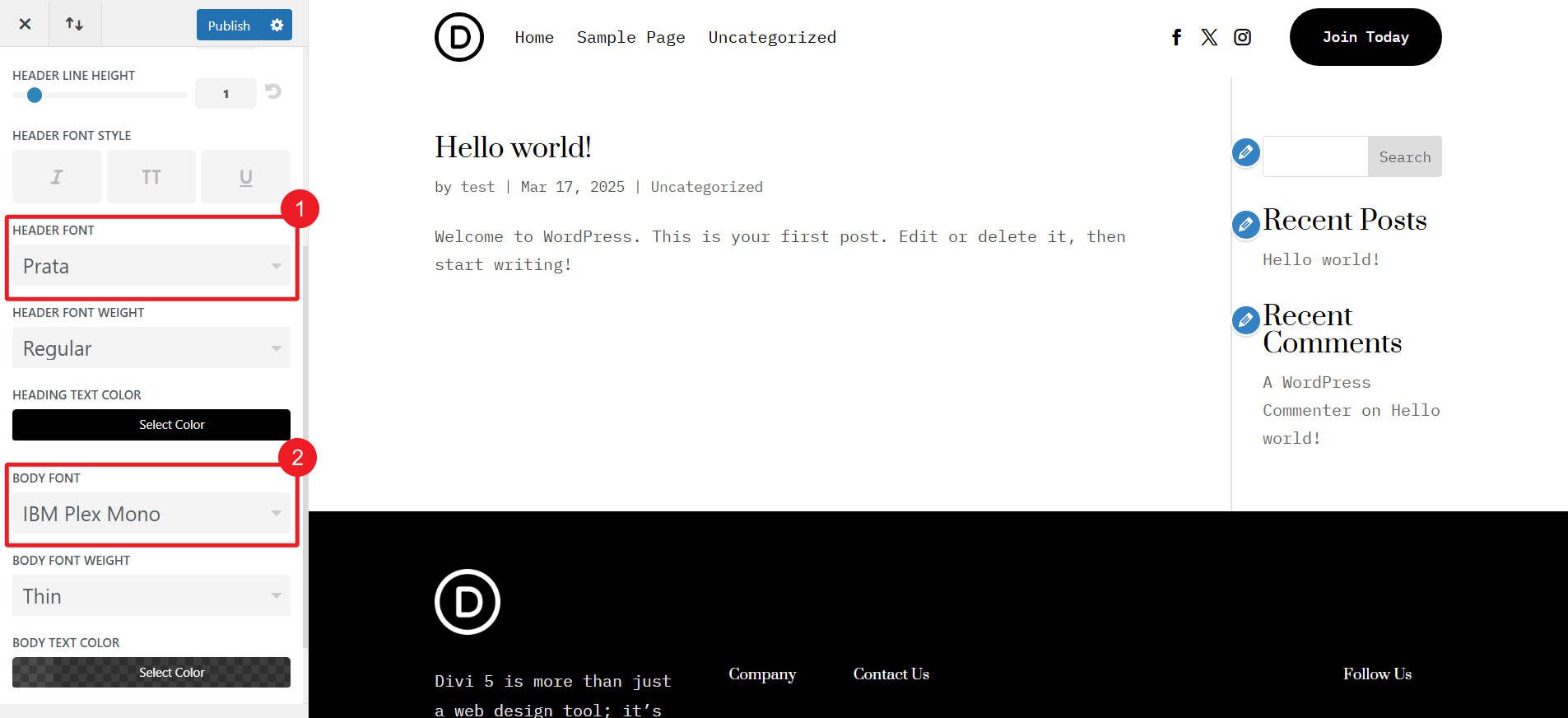 Change heading and body font in Divi Customizer