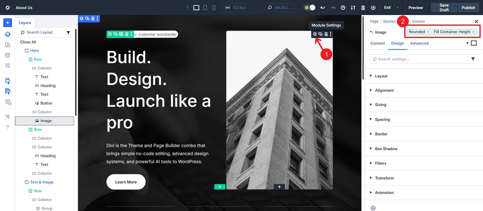 Example of Image Module with Stacked Presets for Rounded Corners and Image Size
