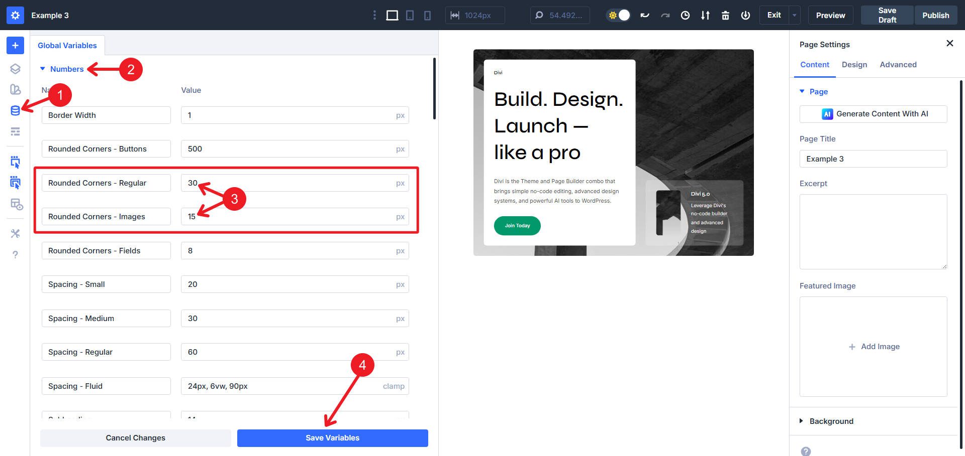 Rounded corner number design variables change and save