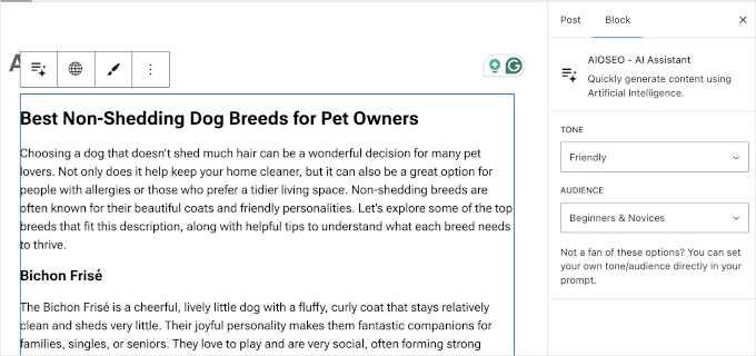 AIOSEO AI Assistant lets you set tone and audience
