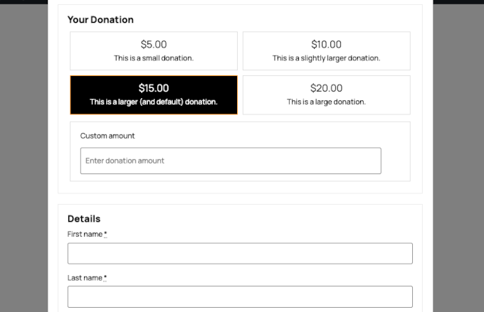 Donation form built with Charitable