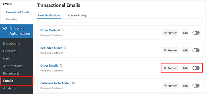 Click the Edit link for the Order Details email in FunnelKit Automations