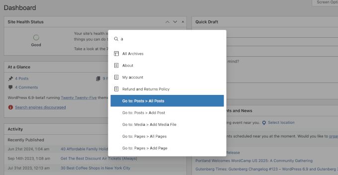 Command palette appearing over the WordPress dashboard