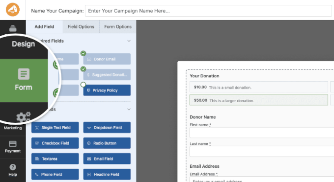 Visual donation form builder in Charitable