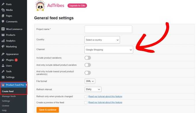 Enter general feed settings and choose Google Shopping as the channel