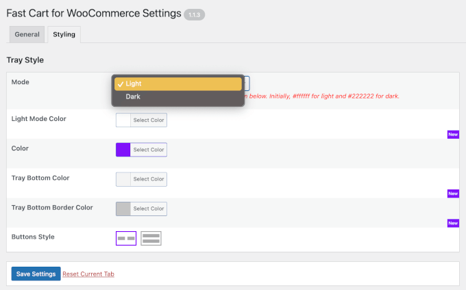 Styling tab in the Fast Cart for WooCommerce plugin