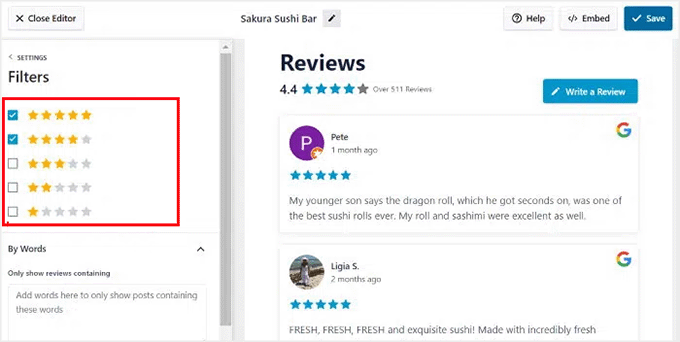 Filter Google Reviews by star rating in Smash Balloon