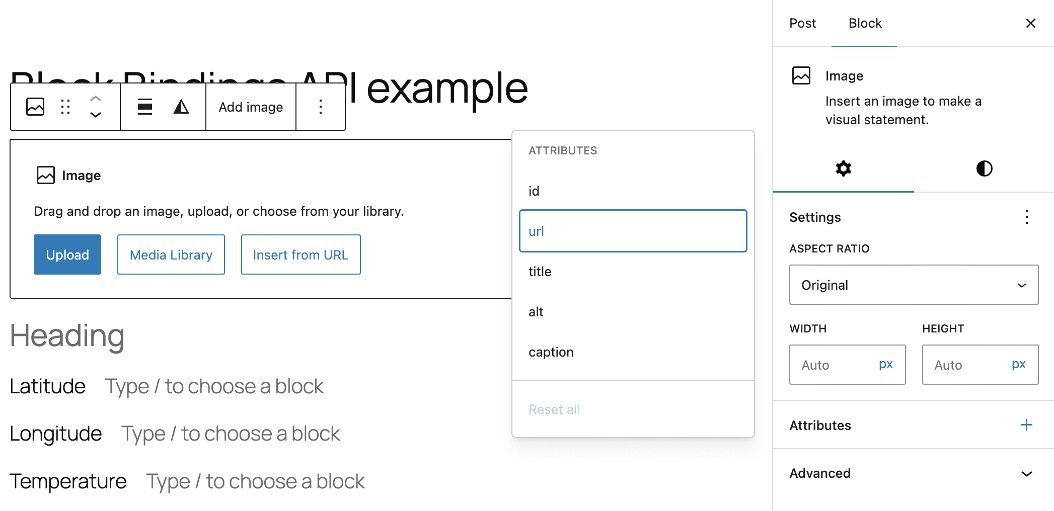 A screenshot showing the Image block attributes that support Block Bindings