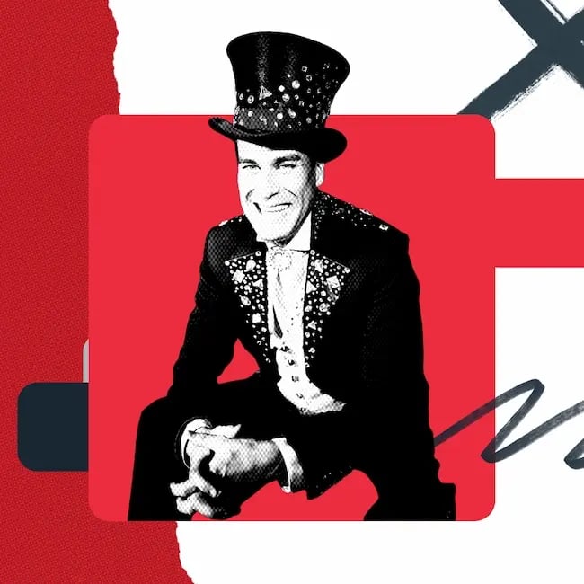 Kevin Venardos, a smiling man in a bejeweled tophat and coat