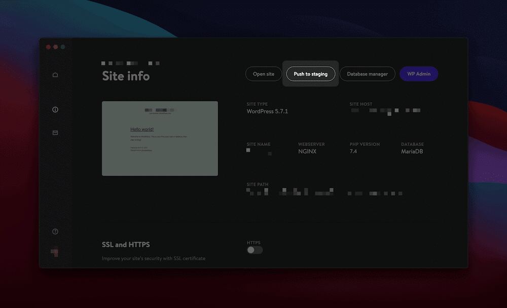 The DevKinst interface showing the Site Info panel