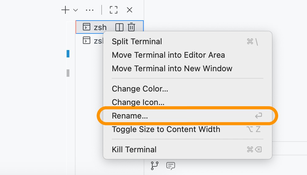 Renaming terminal tabs menu