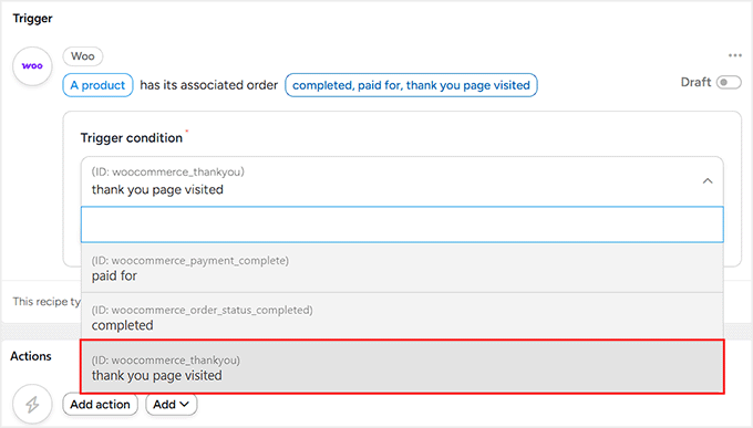 Select thank you page visited as trigger condition