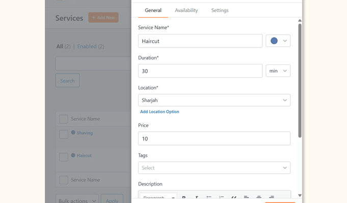 Adding a new service in Sugar Calendar Bookings