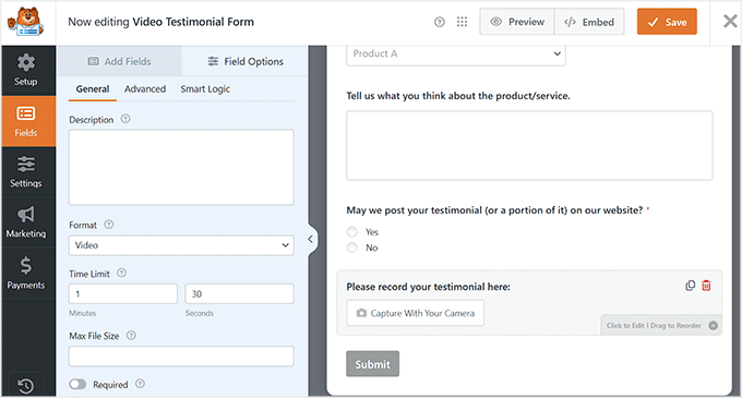 Video testimonial form template in WPForms