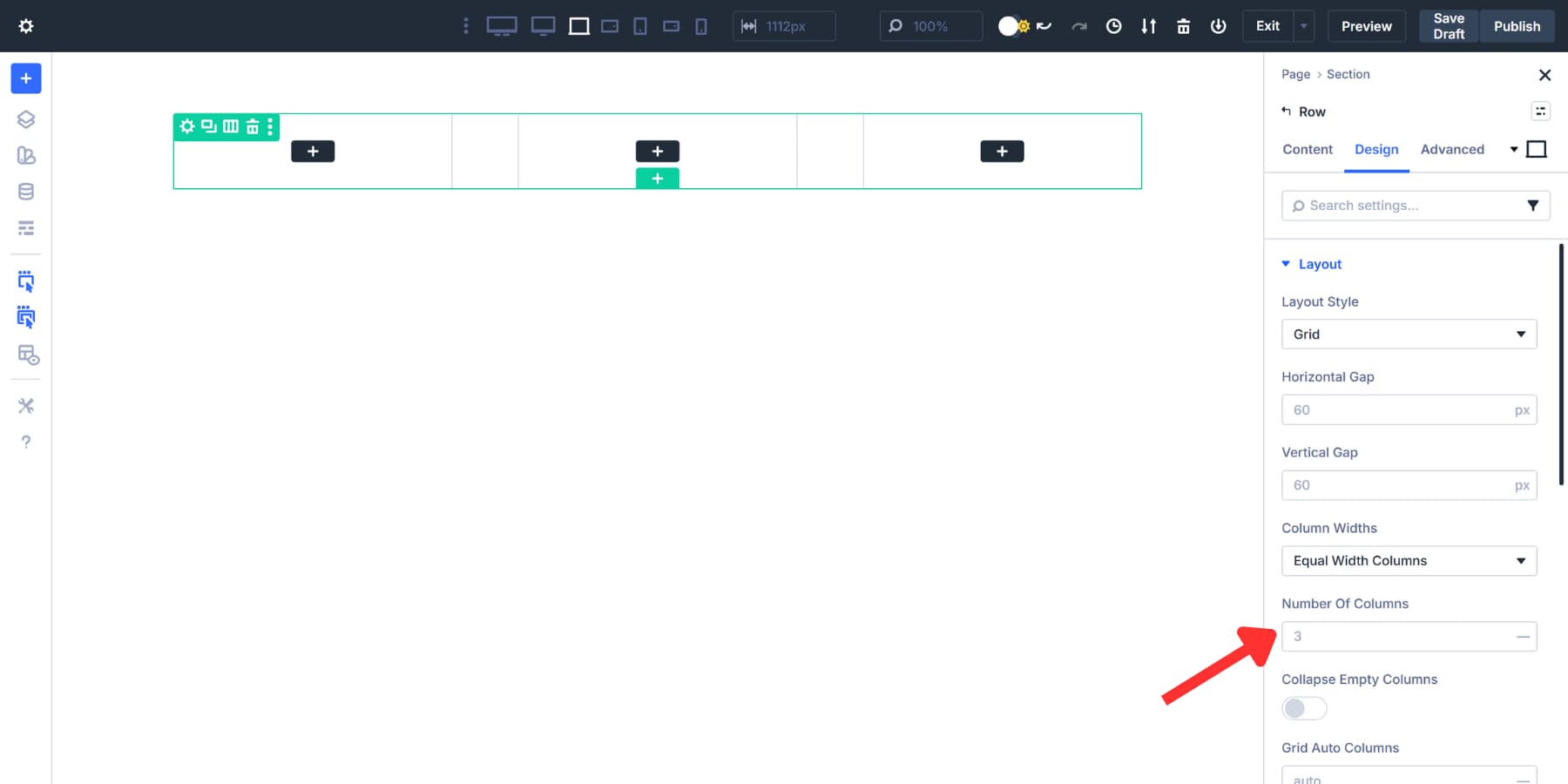 A screenshot of adding 3 as the desired number of columns
