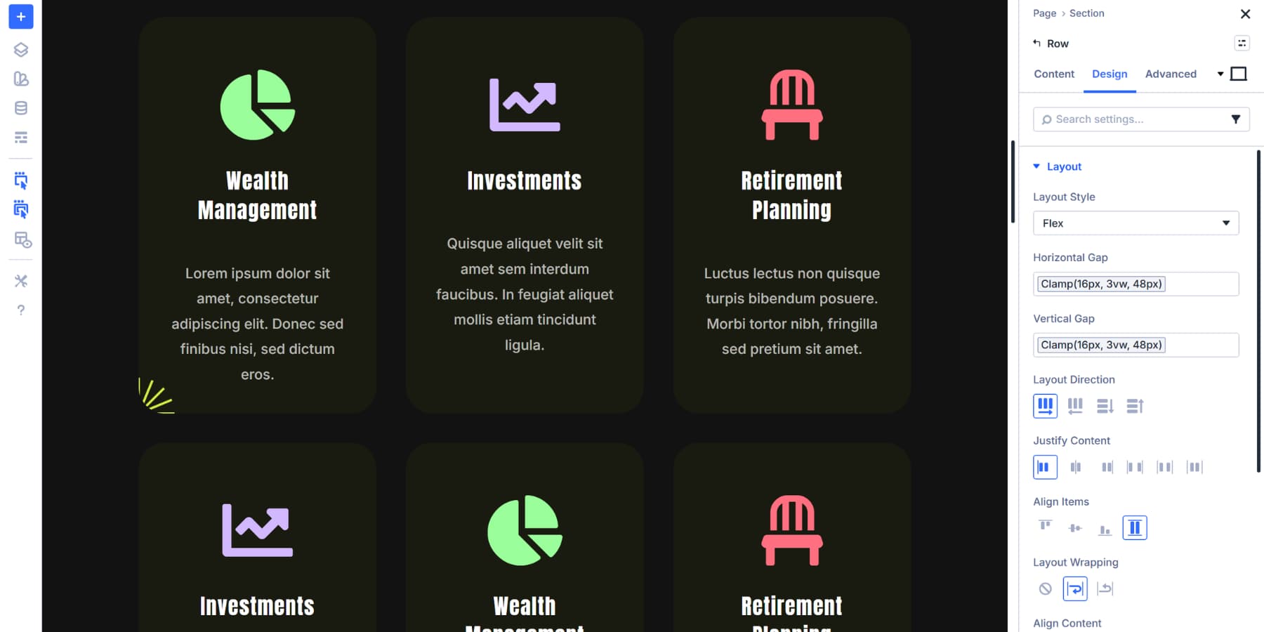 A screenshot of applying medium fluid space ramp to a card flex row in Divi 5