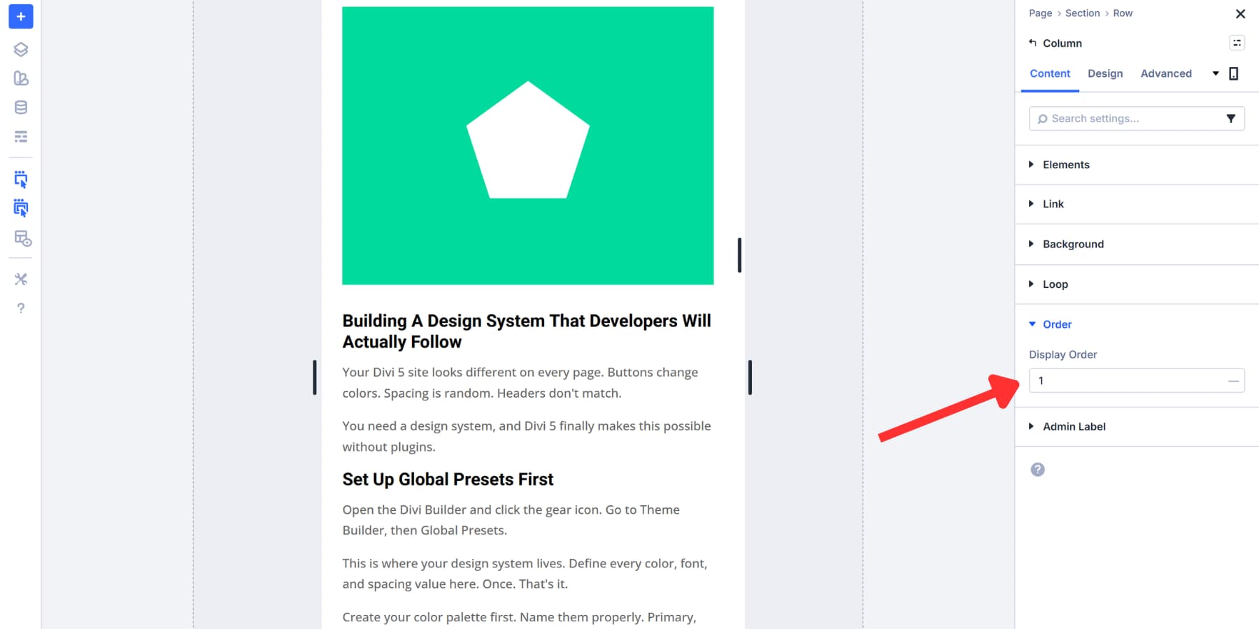 A screenshot of how to apply order to the columns on breakpoints in Divi 5