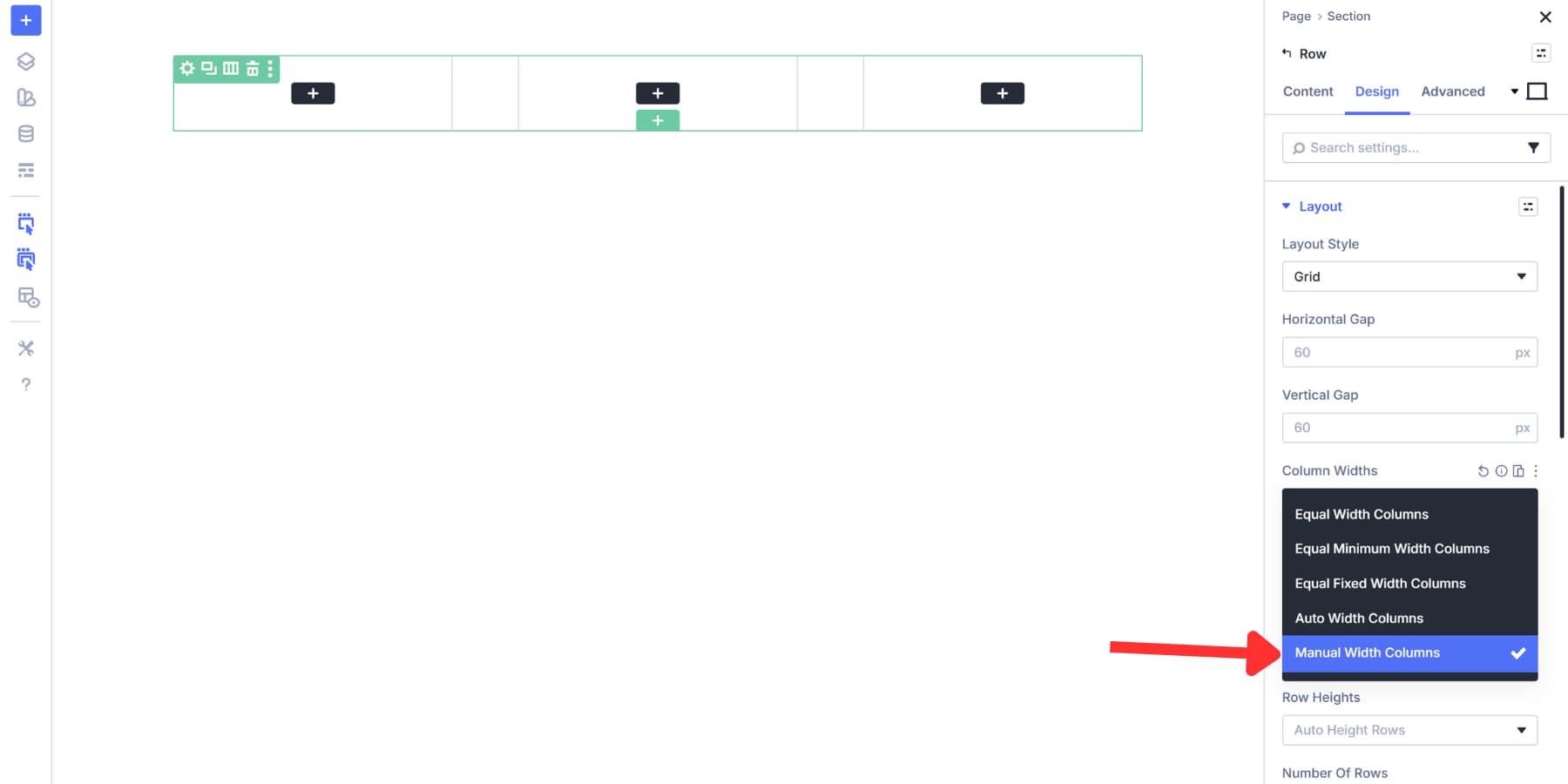 A screenshot of setting the manual width columns as an option to the column width