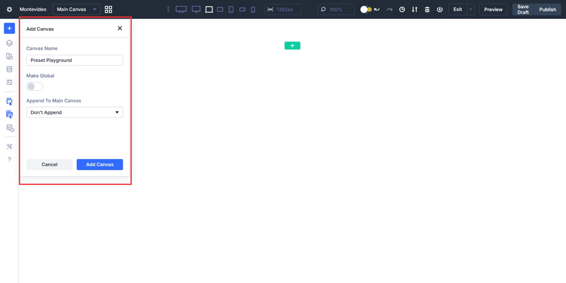 A screenshot of the canvas settings popup in Divi 5