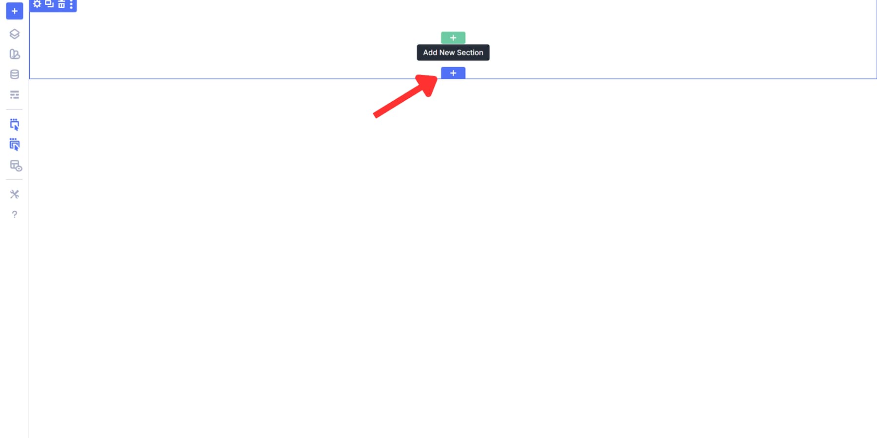 A screenshot of where to find the add new section button in Divi 5