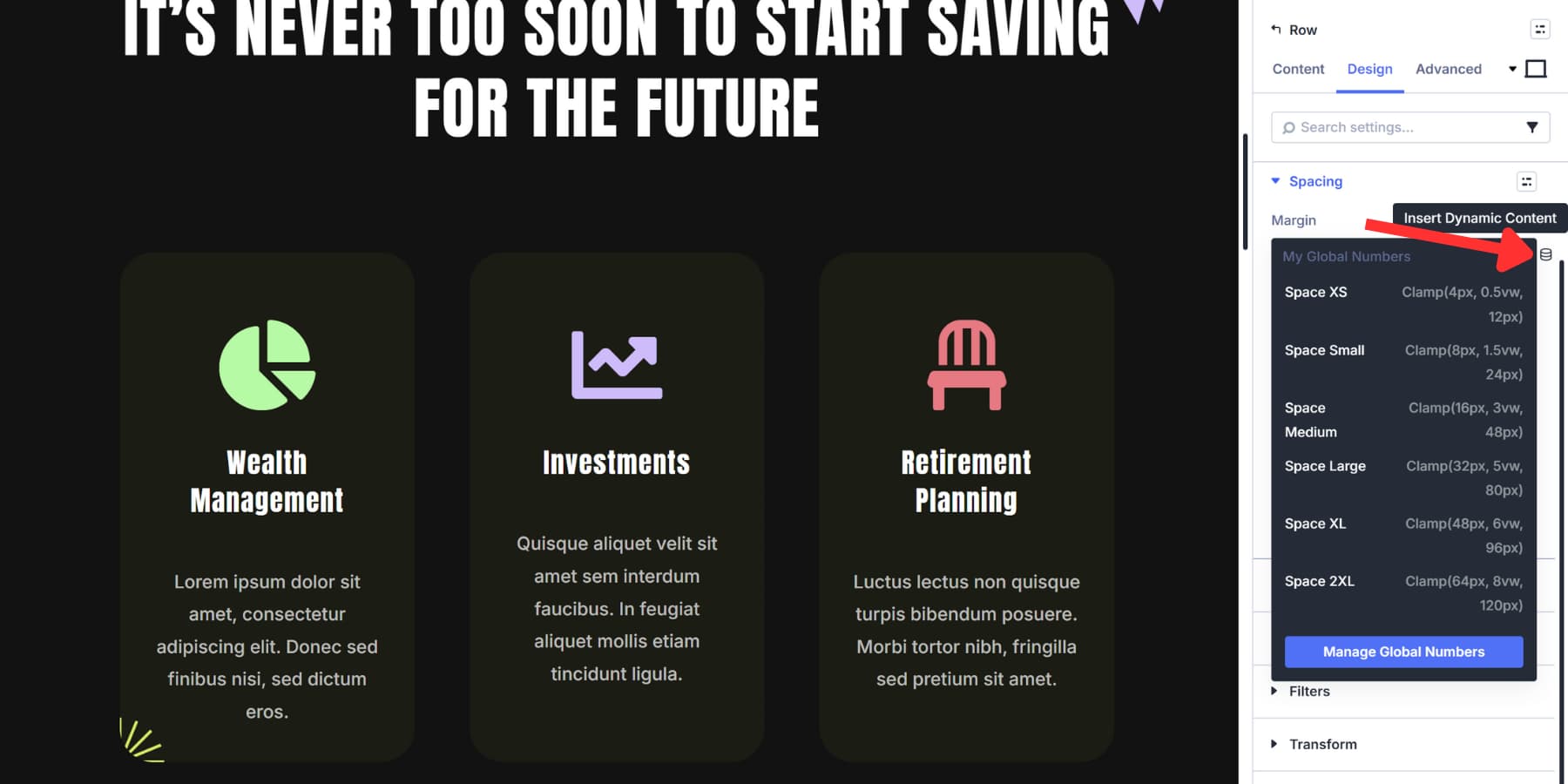 A screenshot of where to find the dynamic content icon in Divi 5 spacing fields