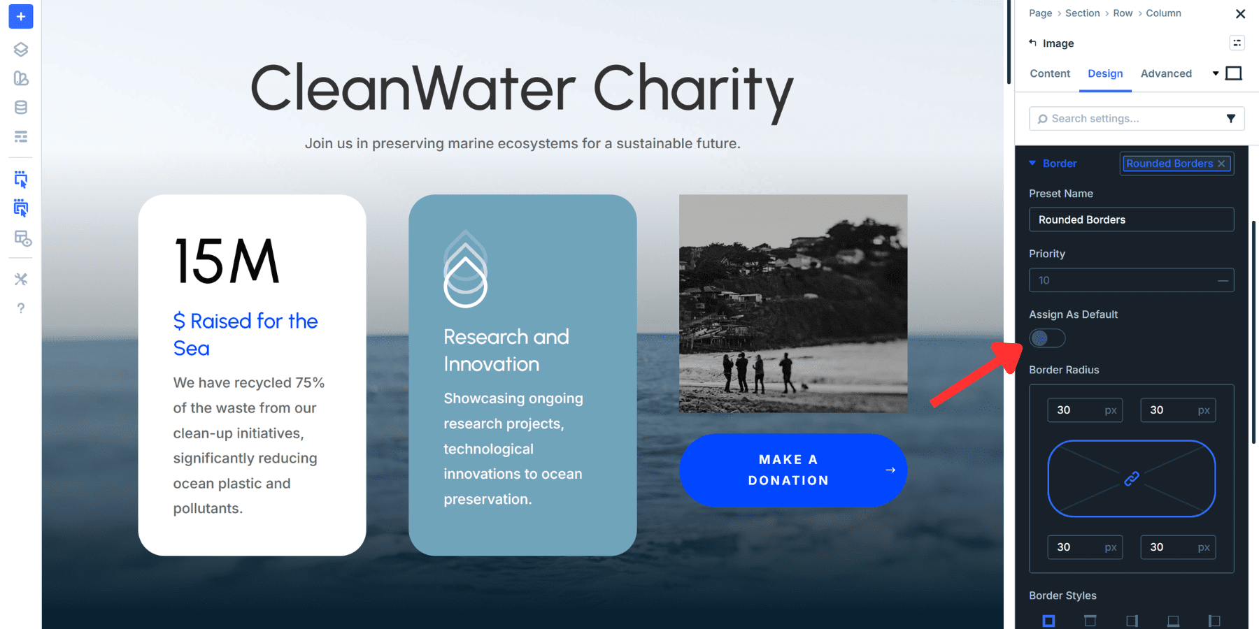 A screenshot of where to set a preset as default in the Option Group preset button