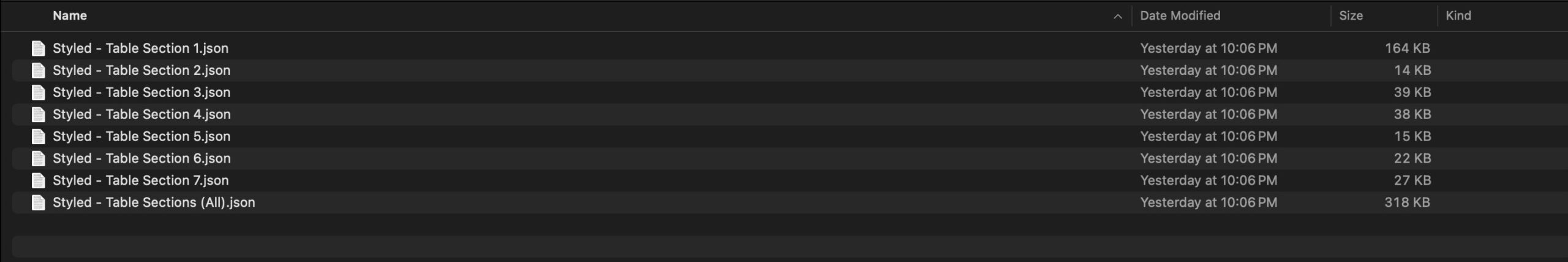 table sections JSON files
