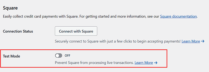 Activate test mode for Square payments in WPForms