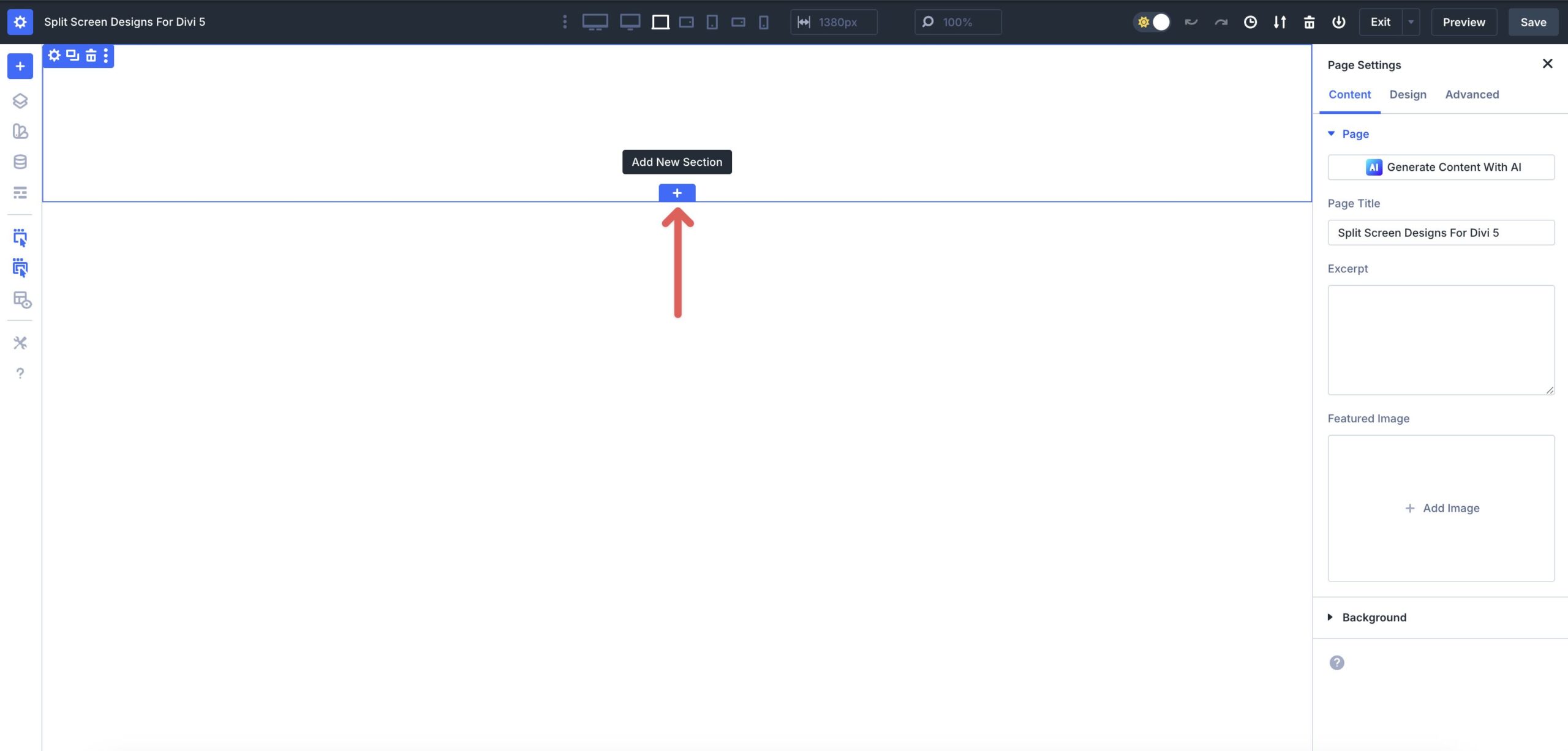 add a new section in the Divi 5 Visual Builder