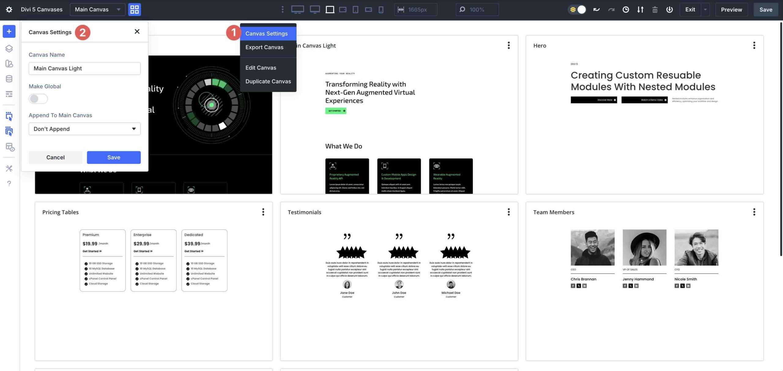 Divi 5 Canvas settings