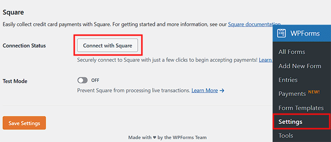 Click Connect With Square in WPForms
