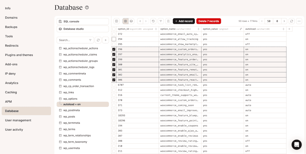 Deleting records from the wp_options table within the MyKinsta Database Studio.