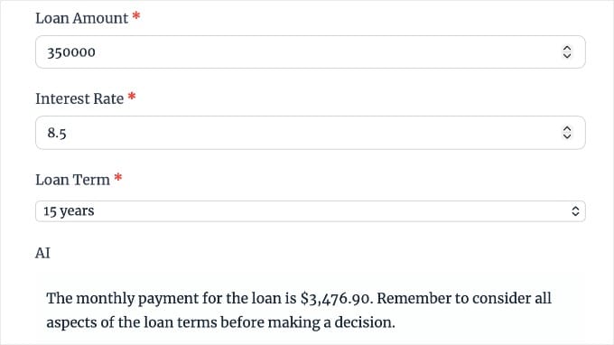 Preview of Formidable Forms AI-Powered Calculator