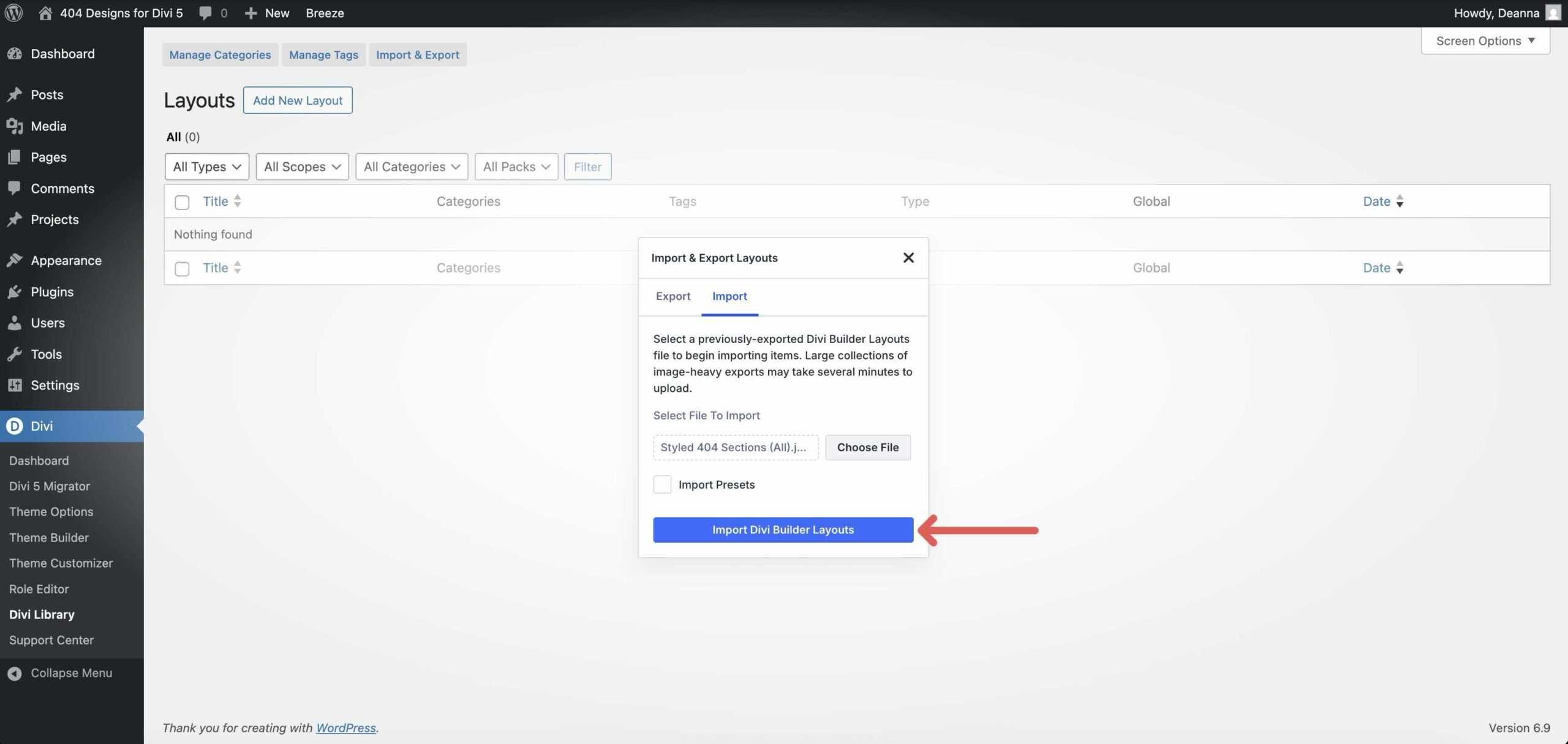 upload a file to the Divi library