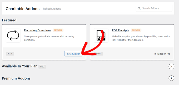 Install Recurring Donations addon in Charitable