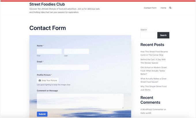 Contact form with a camera field on a live site