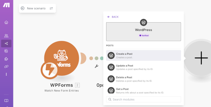 Creating a WPForms + WordPress + and OpenAI scenario in Make.com