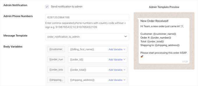 Admin details for the new order notification