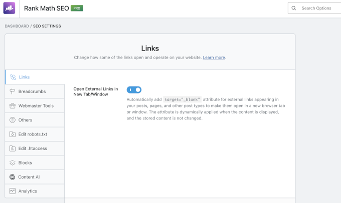 Rank Math settings navigation