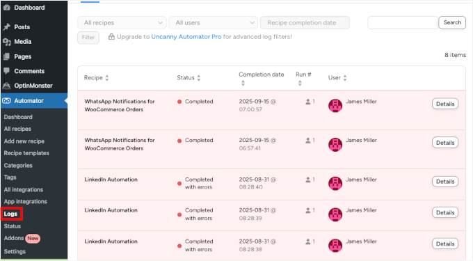 The logs in Uncanny Automator