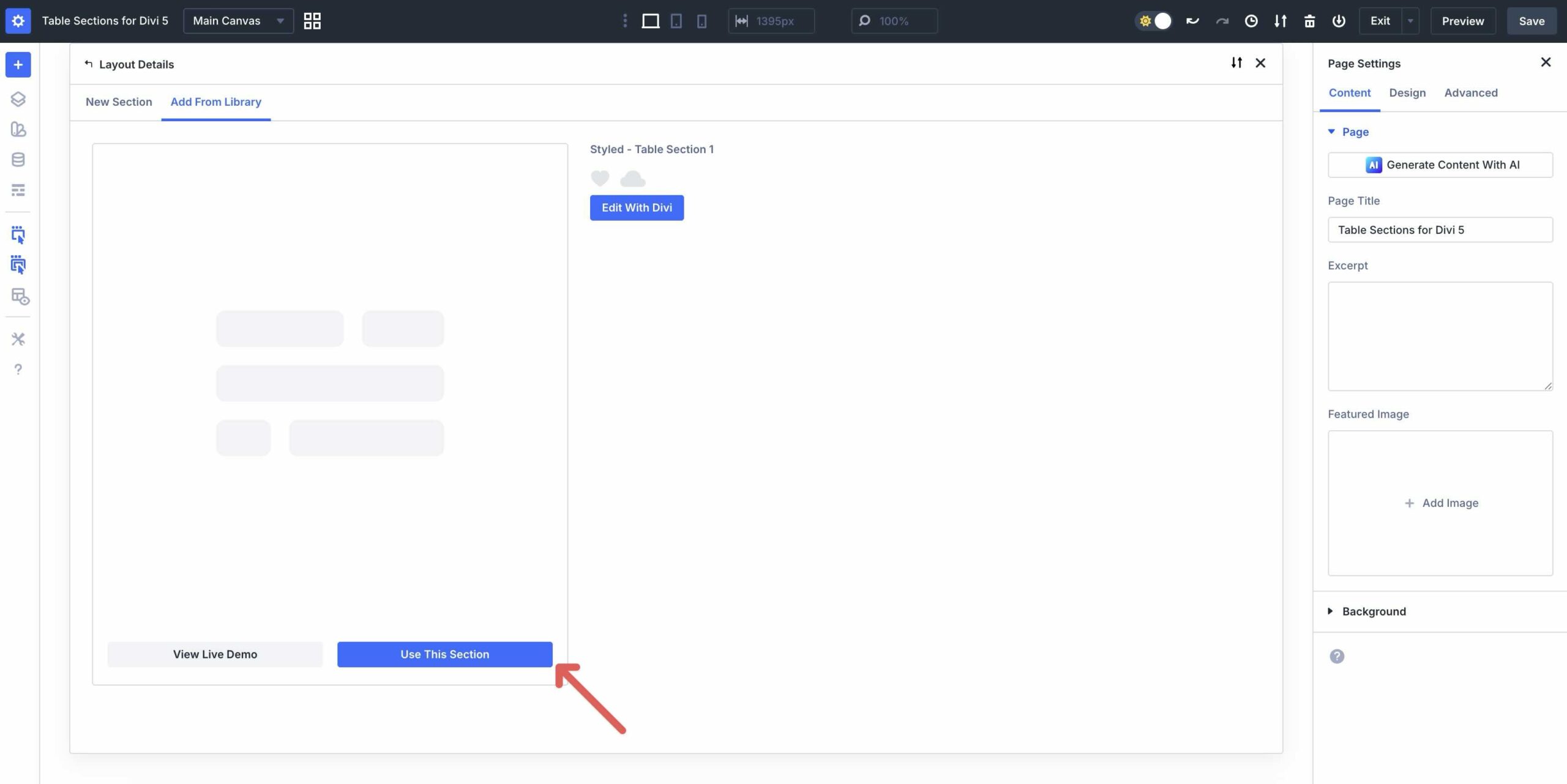 using a premade section in Divi 5