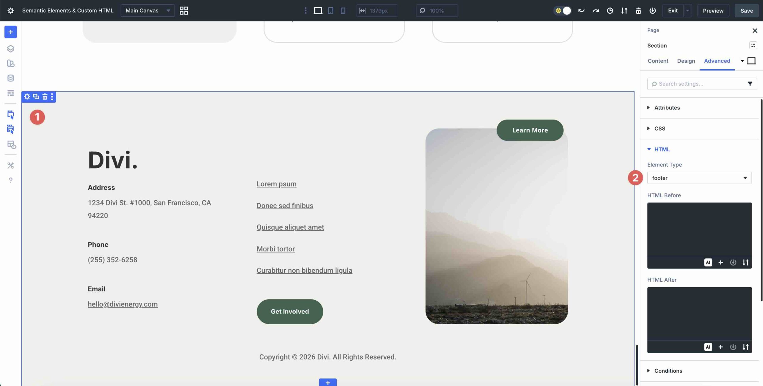 using semantic footer tags in Divi 5