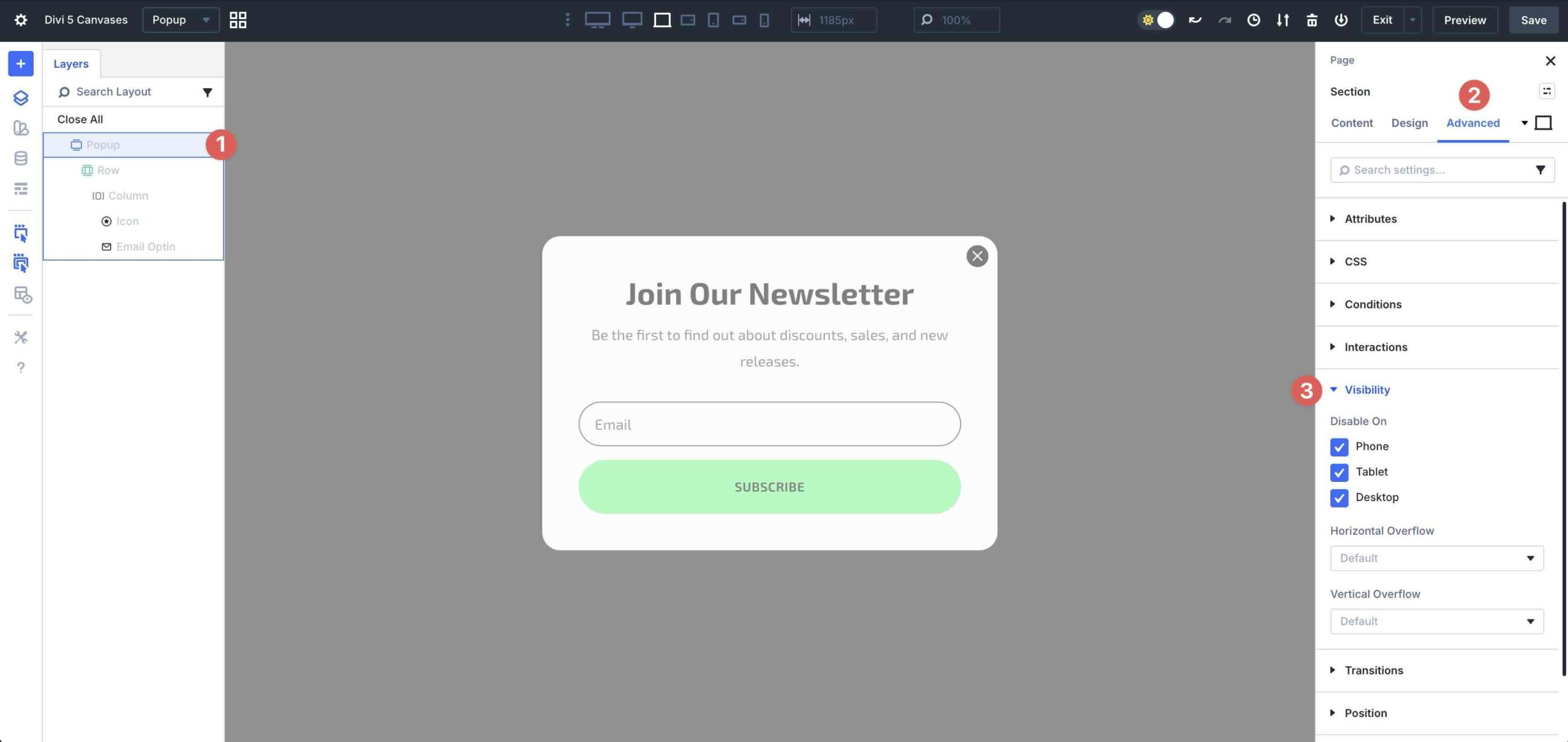 visibility settings in Divi 5