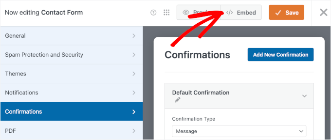 The Embed button in WPForms