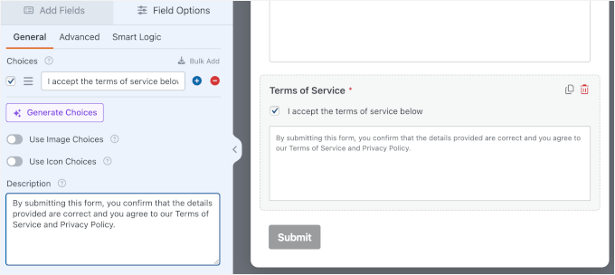 Editing the sample Terms of Service description