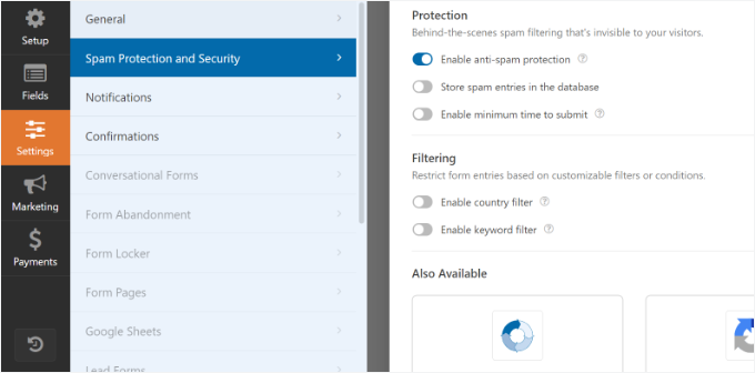 Edit spam and protection settings